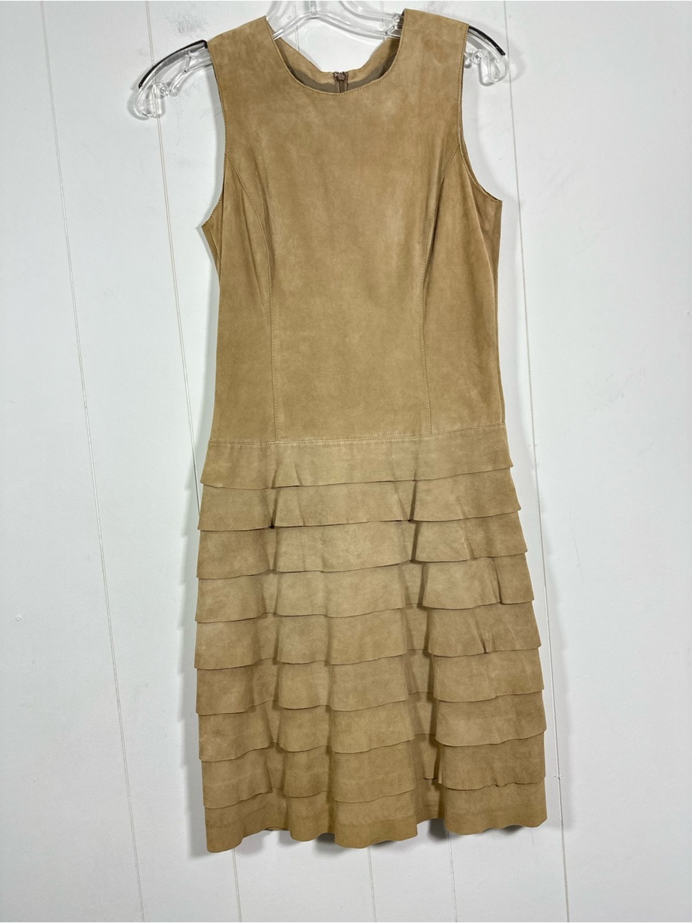 Etcetera Women’s Size 0 Tan Beige Layered Suede Mini Dress Sleeveless Back Zip - Picture 1 of 10